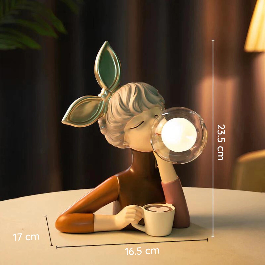 Handcrafted wooden table lamp with a lily design by Artisan Sisters, featuring artistic and animated elements.