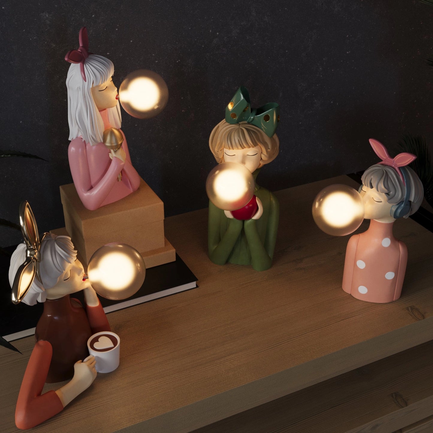 Handcrafted wooden table lamp with a plant and toy on a wooden table, artistic decor in a still life arrangement.