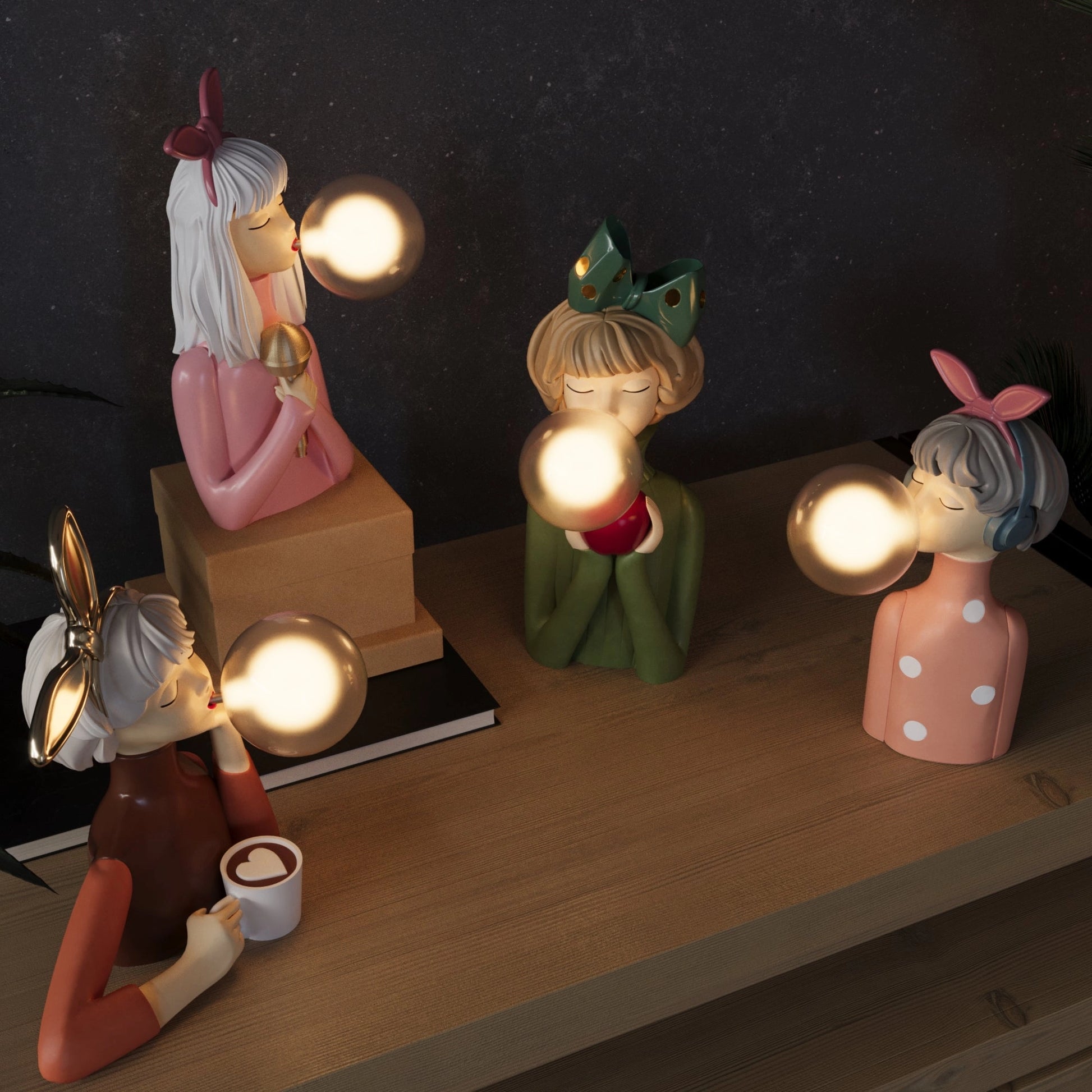 Handcrafted wooden table lamp with a plant and toy on a wooden table, artistic decor in a still life arrangement.