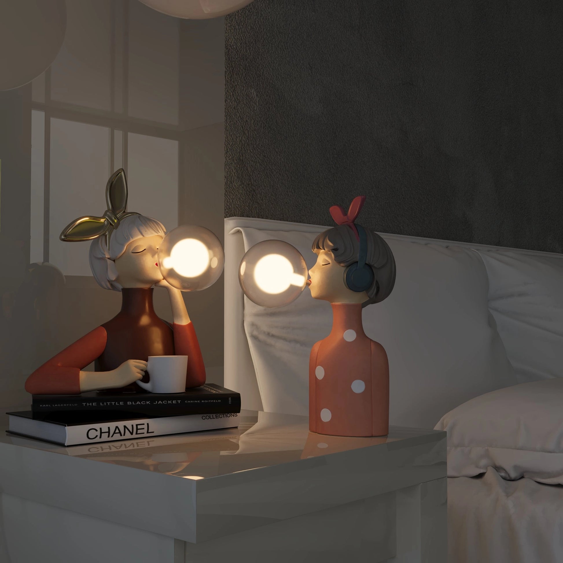 Handcrafted wooden table lamp in a cozy room setting with a grey couch and artistic figurines.