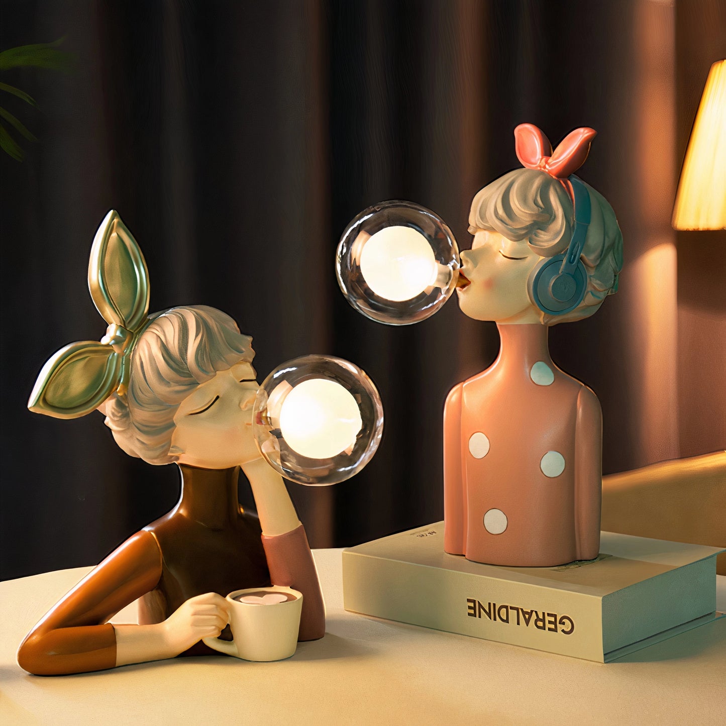 Handcrafted wooden table lamp with artistic design and figurine elements.