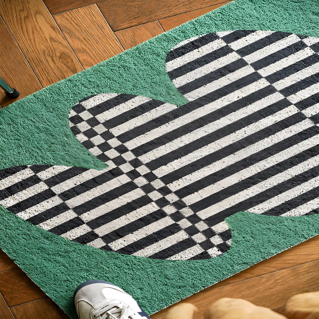 Back to the Future Inspired Geometric Entrance Doormat featuring a green and white rectangular design on a grassy floor.