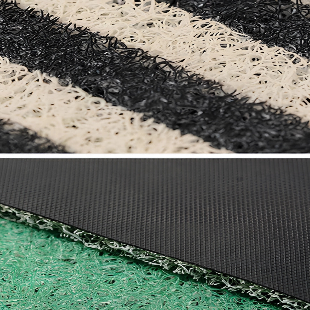 A geometric patterned entrance doormat inspired by Back to the Future, placed on a wooden porch next to an asphalt pathway and green grass.