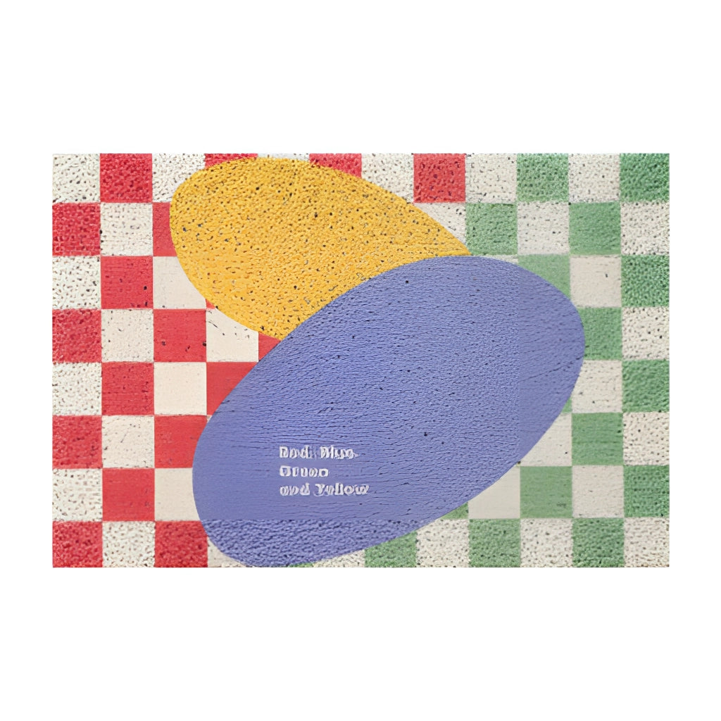 Back to the Future Inspired Geometric Entrance Doormat with a checkered pattern in magenta and electric blue colors.