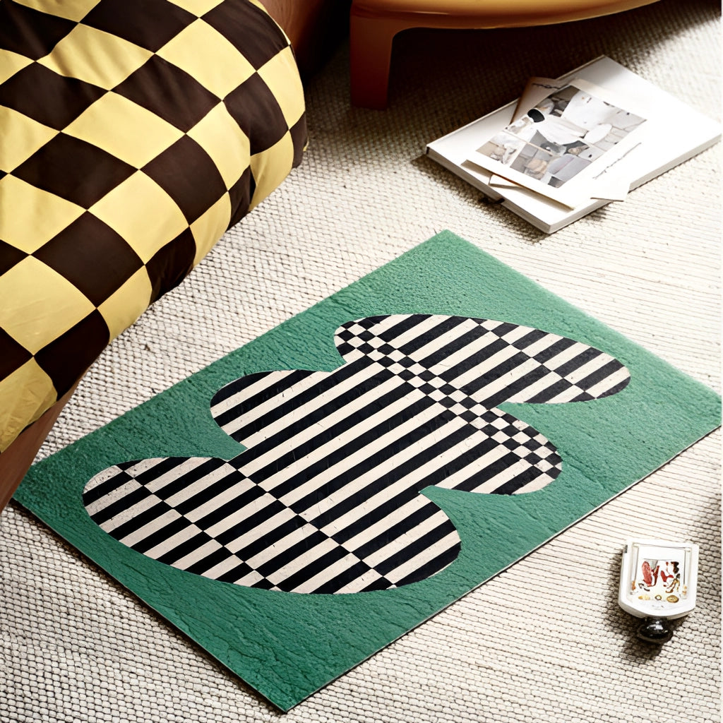 A rectangular geometric entrance doormat inspired by Back to the Future, placed on a wooden floor with a patterned textile design.