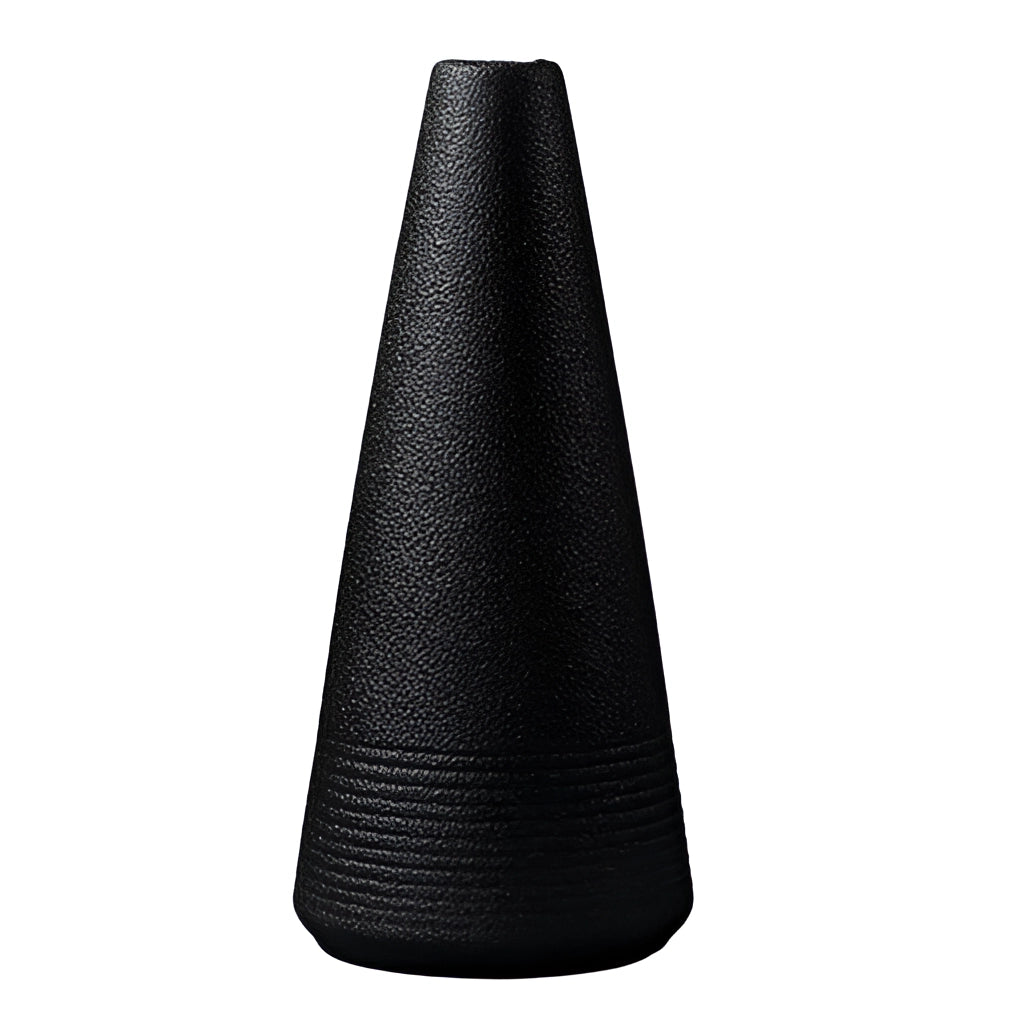 Black ceramic vase with a cone-shaped design suitable for home and garden decor.