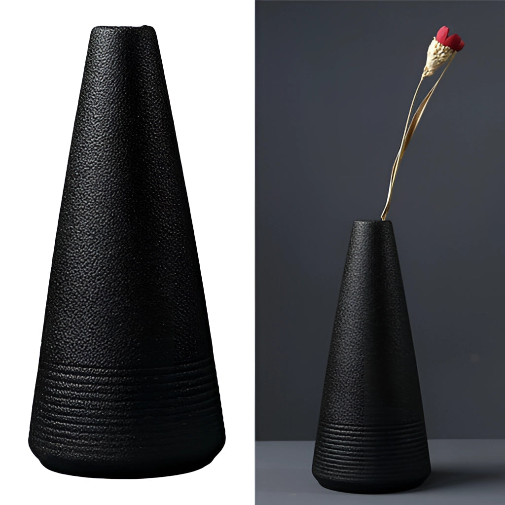 A sleek black ceramic vase with a smooth, conical shape, perfect for home and garden decor.