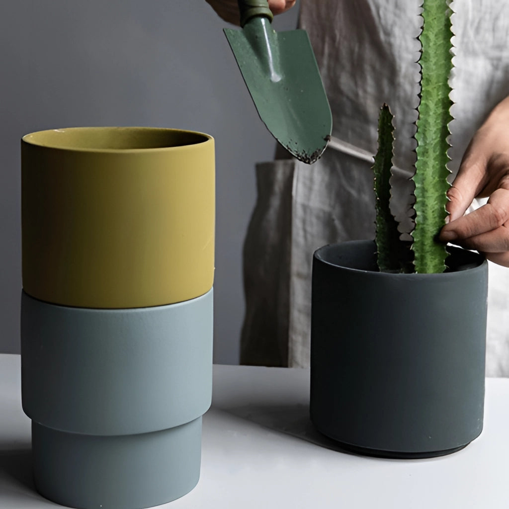 Bright Porcelain Stackable Flowerpot Planters with Green Houseplants