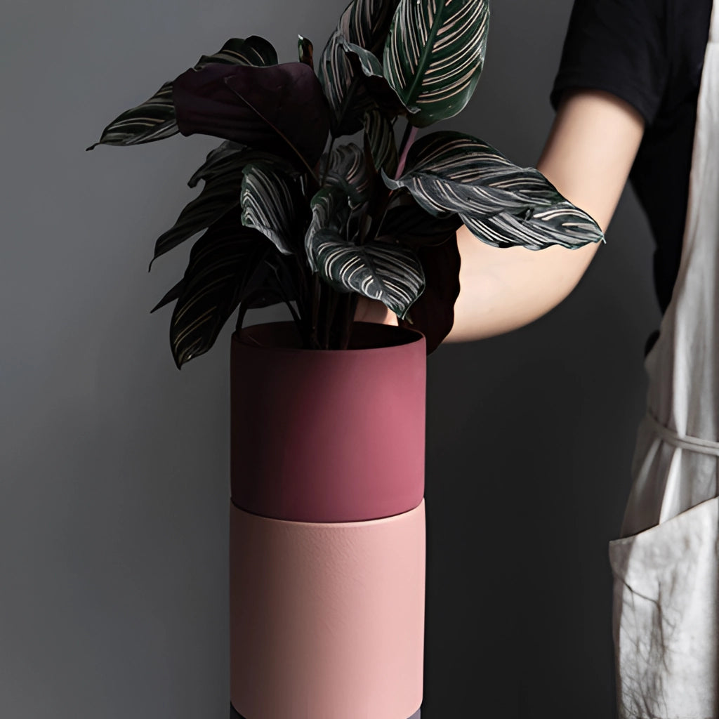 Bright porcelain stackable flowerpot planters with houseplants and flowers.