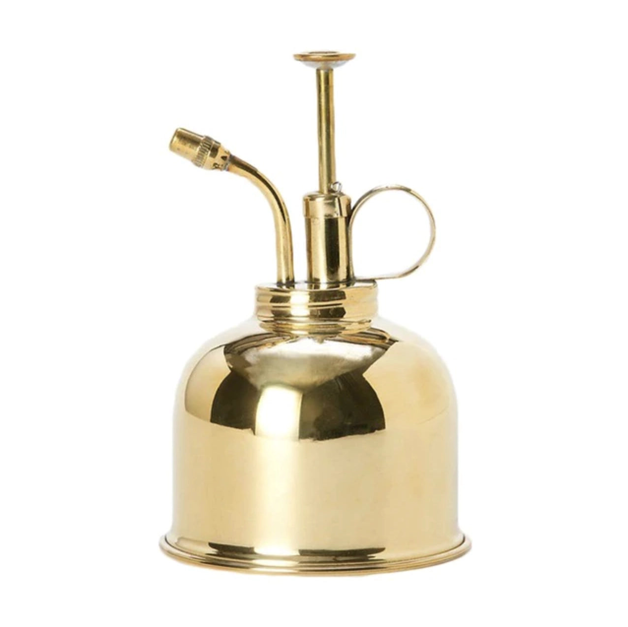 Vintage brass plant mist sprayer in gold finish with a cylindrical body and pump mechanism.