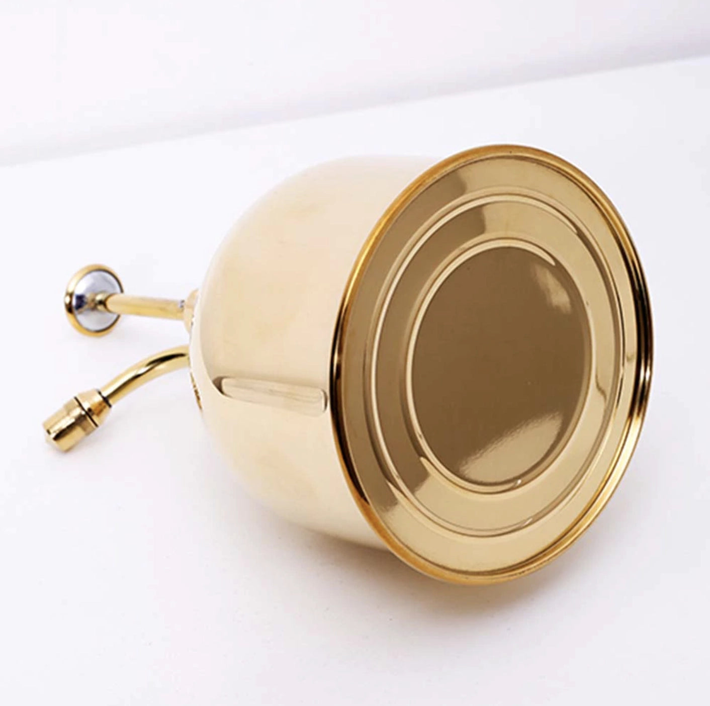 A vintage brass bronze plant mist sprayer displayed on a wooden surface.