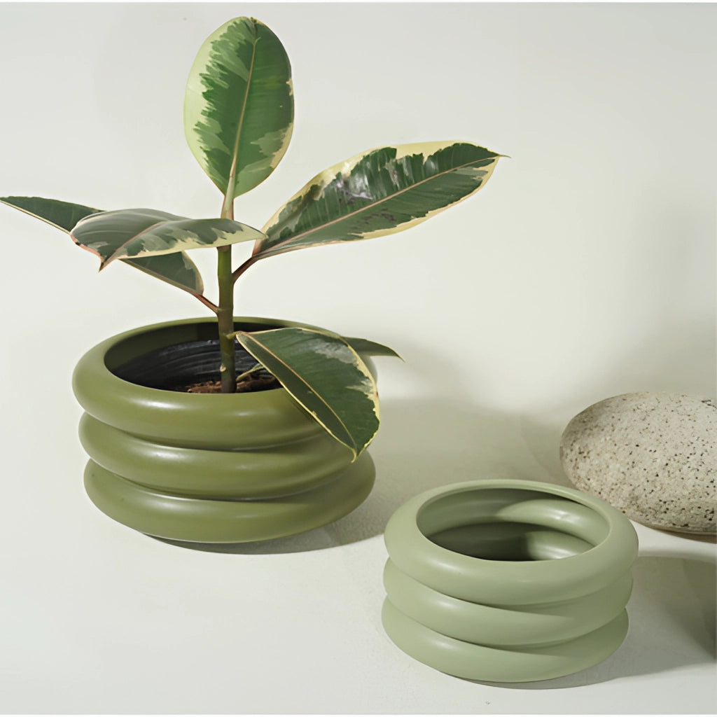 Ceramic round bubble glass planter vase with a green houseplant.