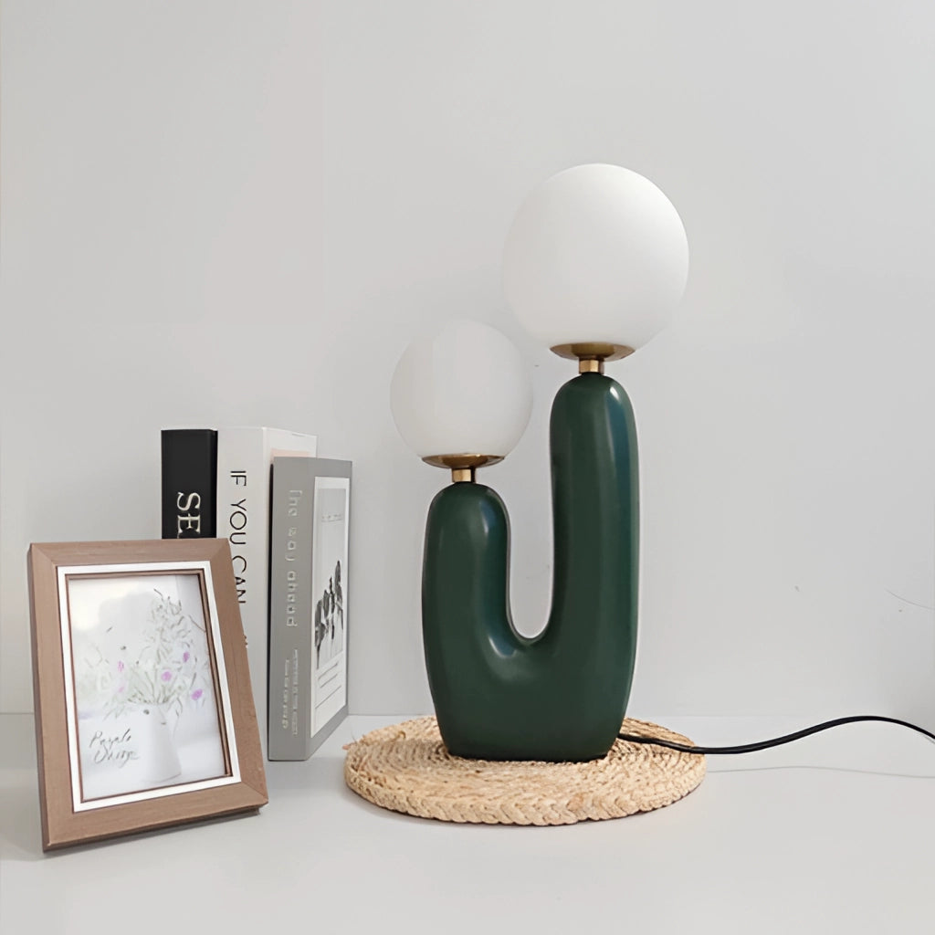 Cactus Design Table Lamp featuring milk glass globes and modern LED lighting on a wooden rectangular base.