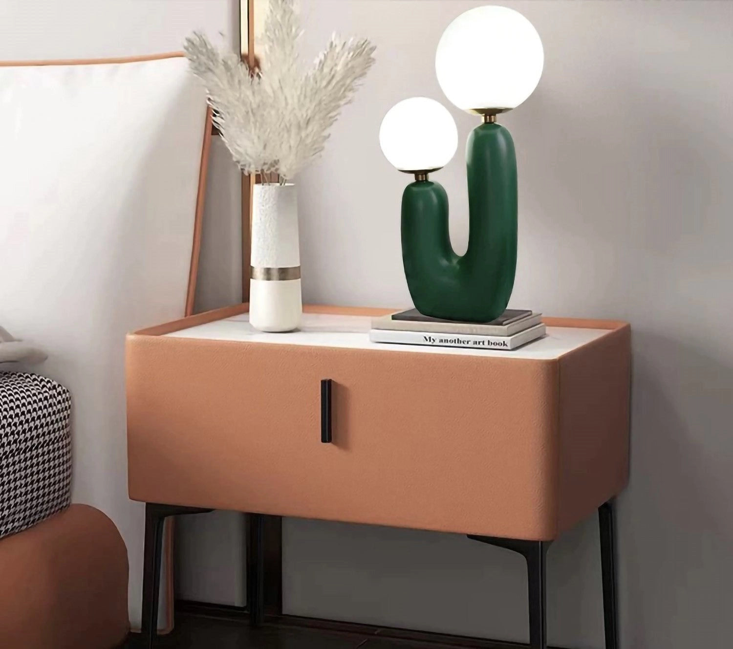 Cactus Design Table Lamp with Milk Glass Globes and LED Innovation on a wooden table in a white interior setting.