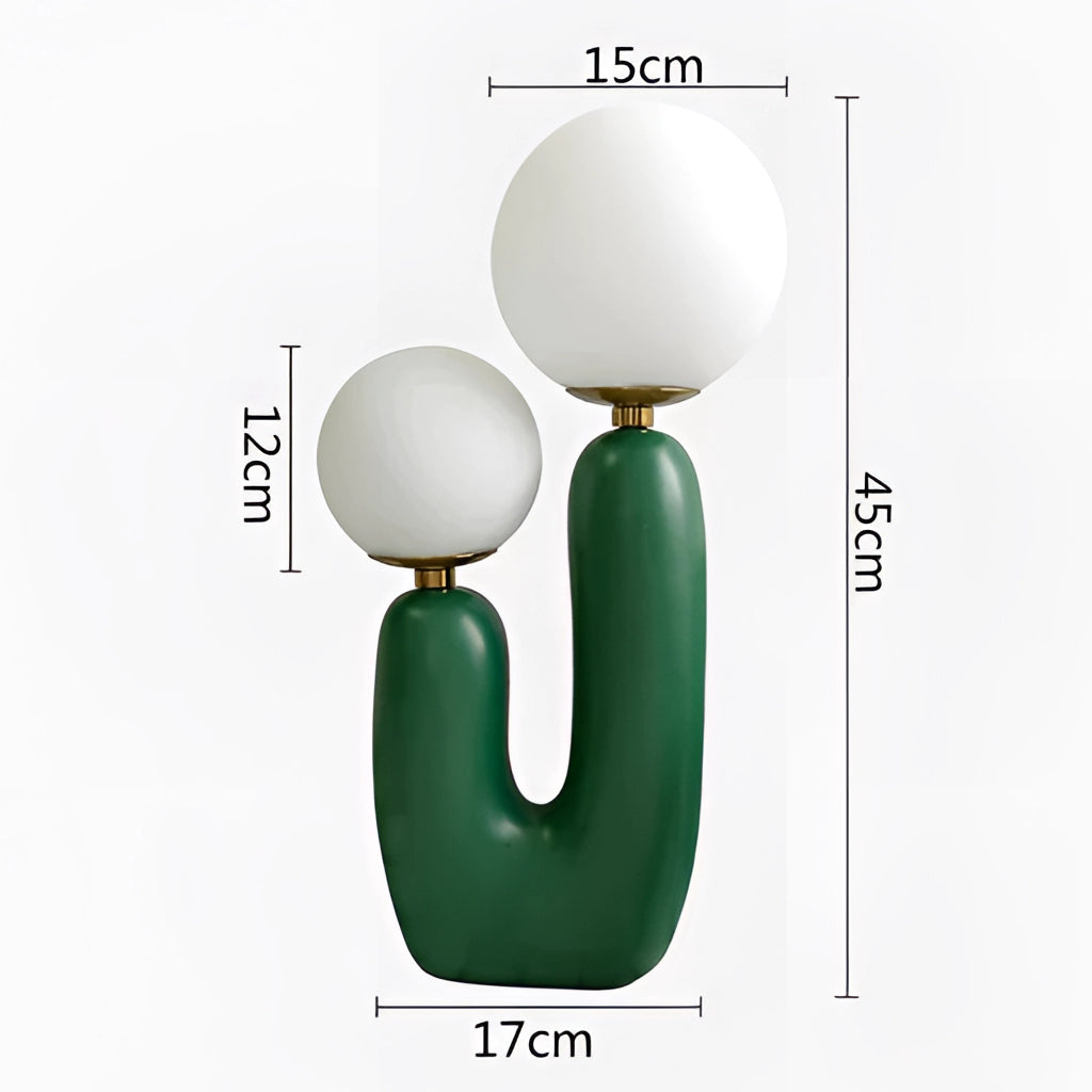 Cactus Design Table Lamp with Milk Glass Globes and LED Innovation in Green and Cold White, featuring unique circular patterns and artistic design.