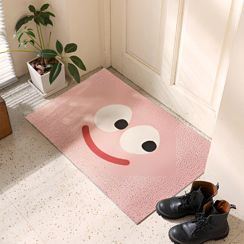 Cartoon design indoor outdoor rug with happy big eyes pattern in a small, medium, or large size, placed on a hardwood floor next to a houseplant and a window.