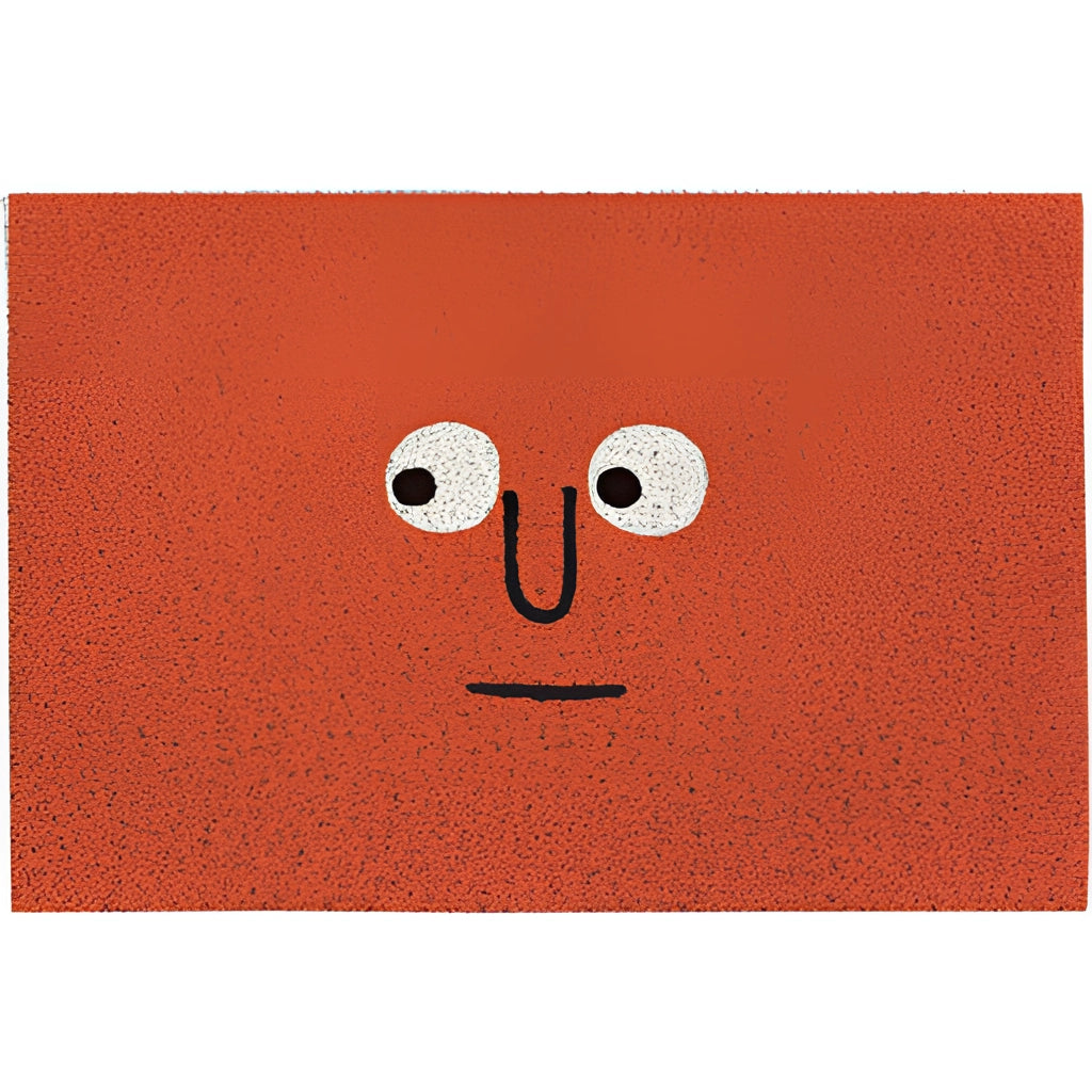 Cartoon design indoor outdoor rug featuring a happy face with small eyes and a big smile, art pattern, and rectangular shape in large size.