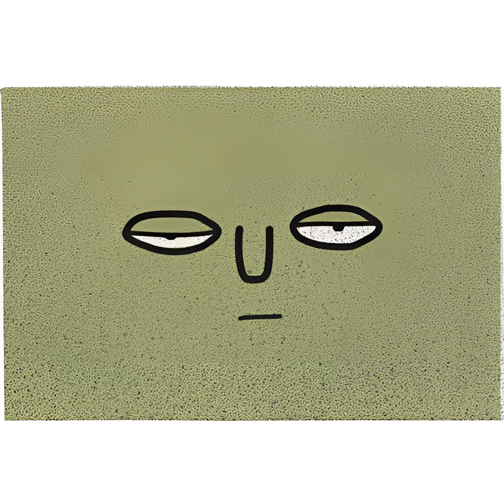 A large rectangular indoor outdoor rug featuring a cartoon design with happy big eyes, a snout, and eyelashes, creating a cheerful expression.