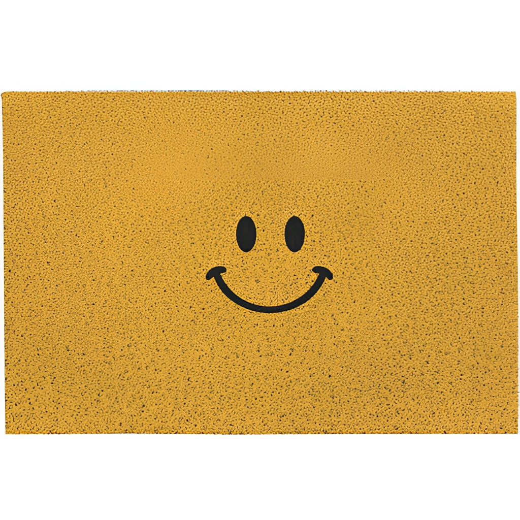 Cartoon design indoor outdoor rug with a happy face featuring big eyes and a wide smile, large size, set on a grassy background.