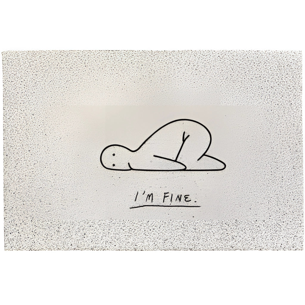 Cartoon design rug with happy big eyes and "I'm Fine" text, large size, suitable for indoor and outdoor use.