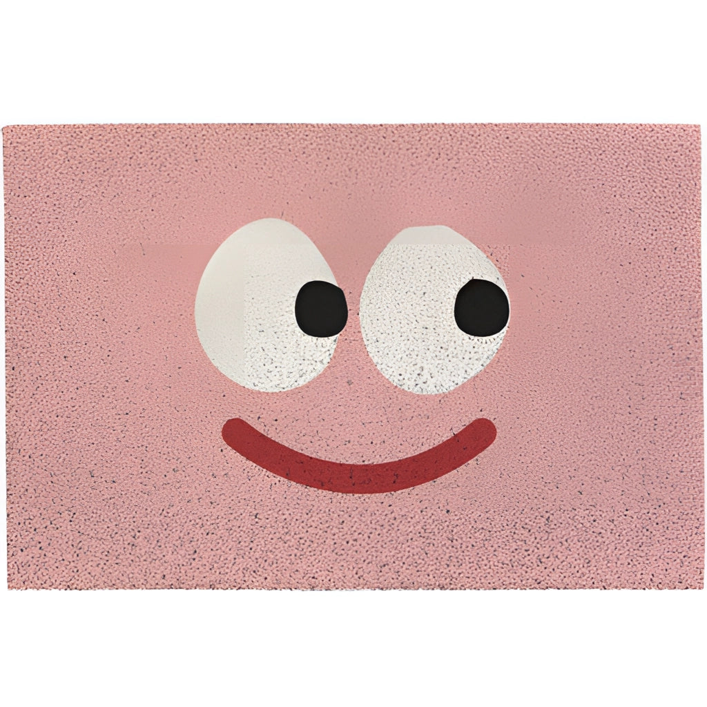 Large indoor outdoor rug with a cartoon design featuring a smiling face with big eyes, a nose, and a moustache in a rectangular shape.