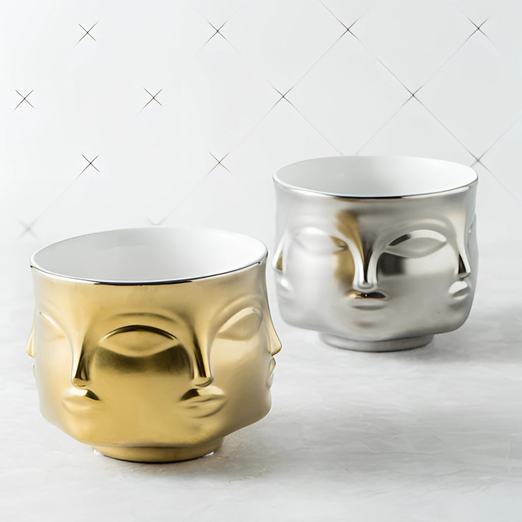 Ceramic face design flowerpot with modern aesthetic, displaying a succulent plant.