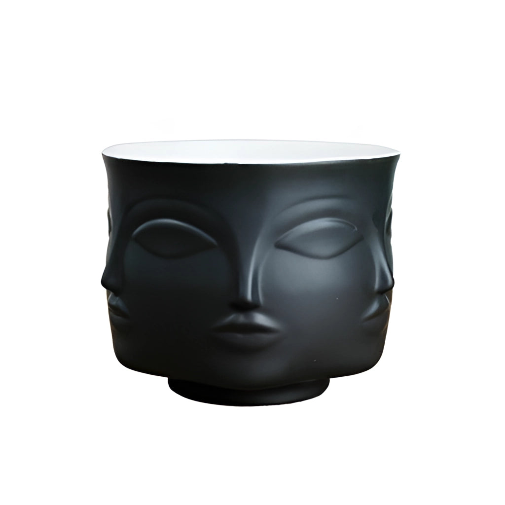 Modern black ceramic flowerpot with a face design, ideal for succulents.