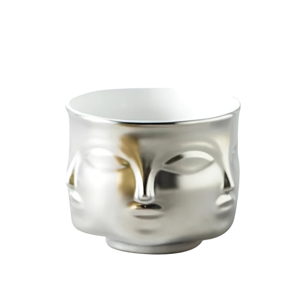Silver ceramic face design flowerpot, modern succulent planter with eye and jaw details.