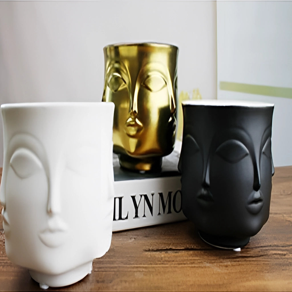 Modern Ceramic Face Design Flowerpot for Succulents Displayed on Table