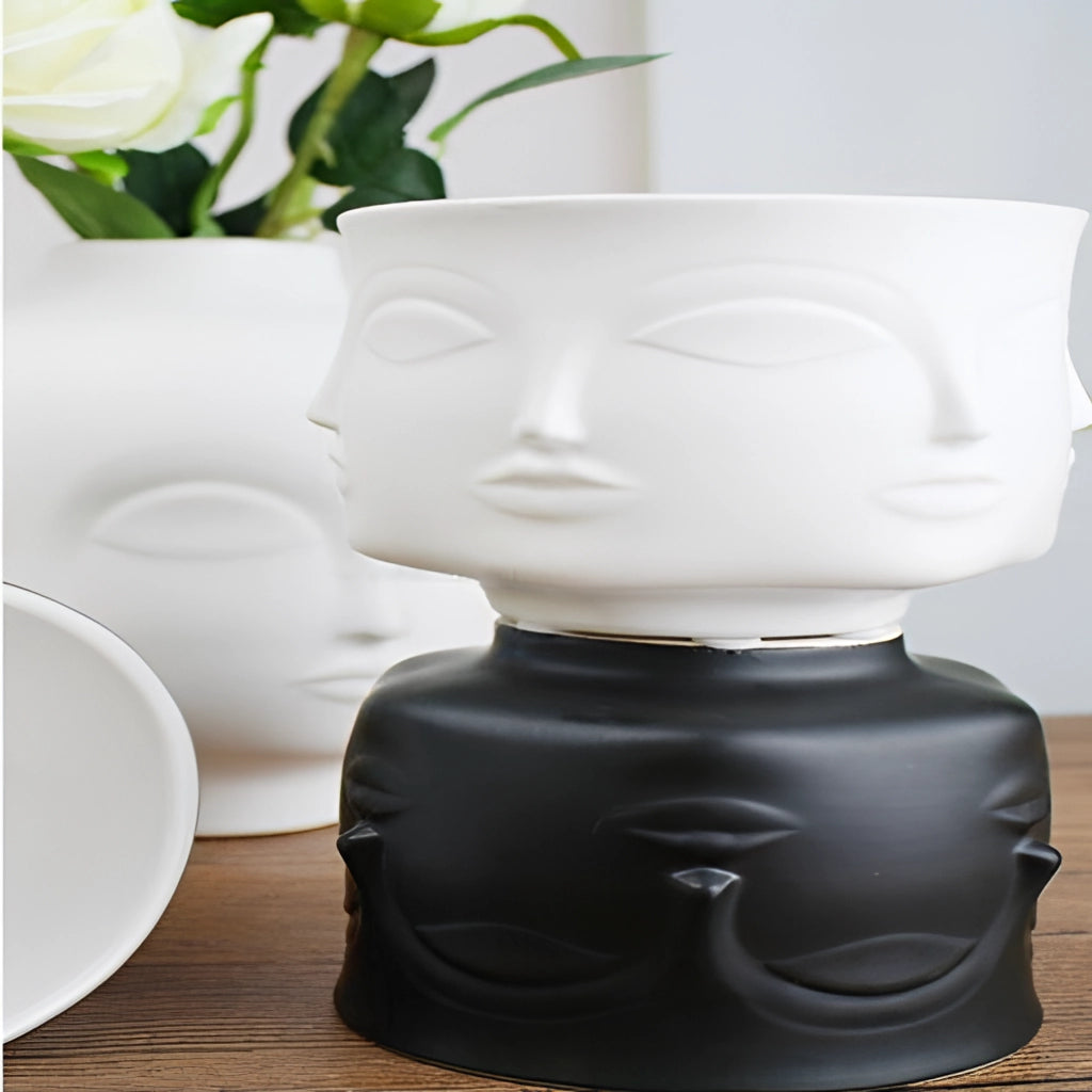 White ceramic flowerpot with a face design, used as a modern succulent planter, featuring a houseplant.