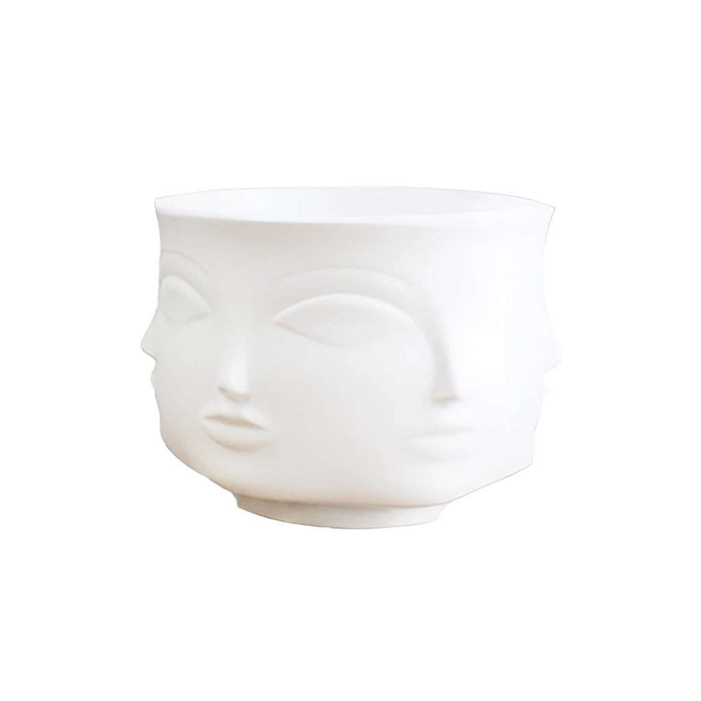 White Ceramic Face Design Flowerpot - Modern Succulent Planter on a table.