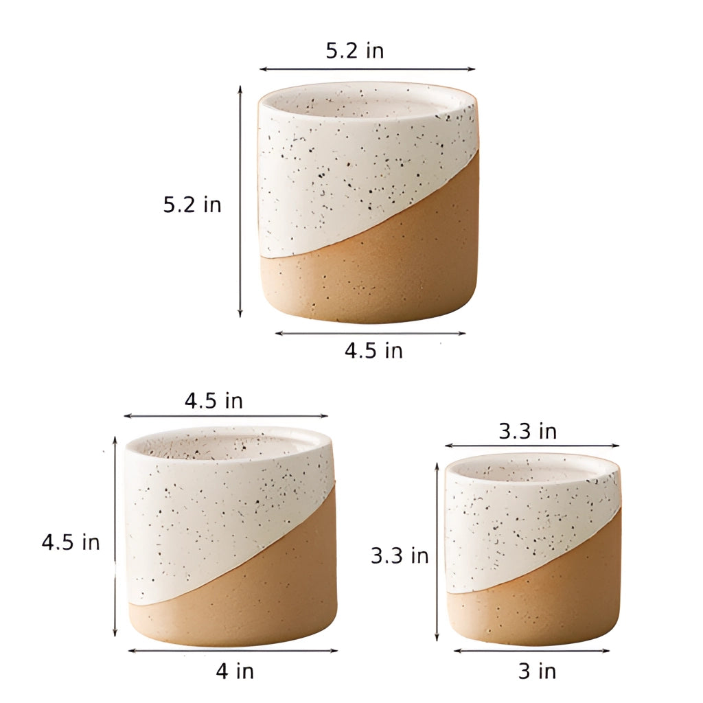 A set of ceramic flowerpots in linen color, available in small, medium, and large sizes, displayed on a surface.