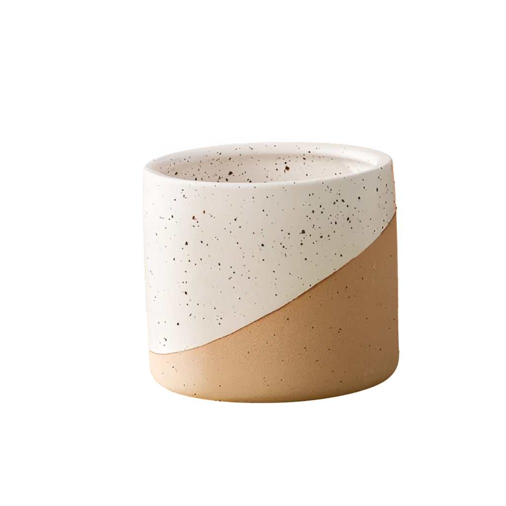 A medium-sized ceramic flowerpot in linen color with a smooth, cylindrical shape, resembling fine porcelain tableware.