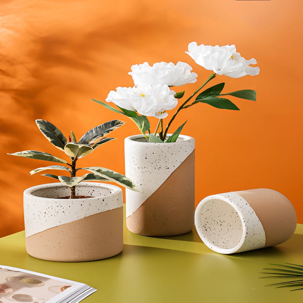 Small, medium, and large ceramic flowerpots in linen color, each containing a vibrant flowering plant with orange petals and green leaves.