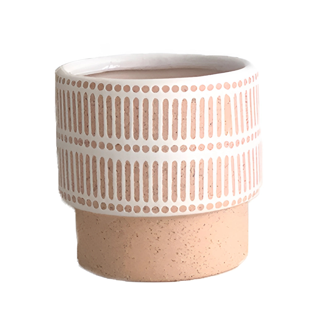 A set of ceramic plant pots in various shapes including rectangle, cylinder, and circle, displayed on a wooden surface.