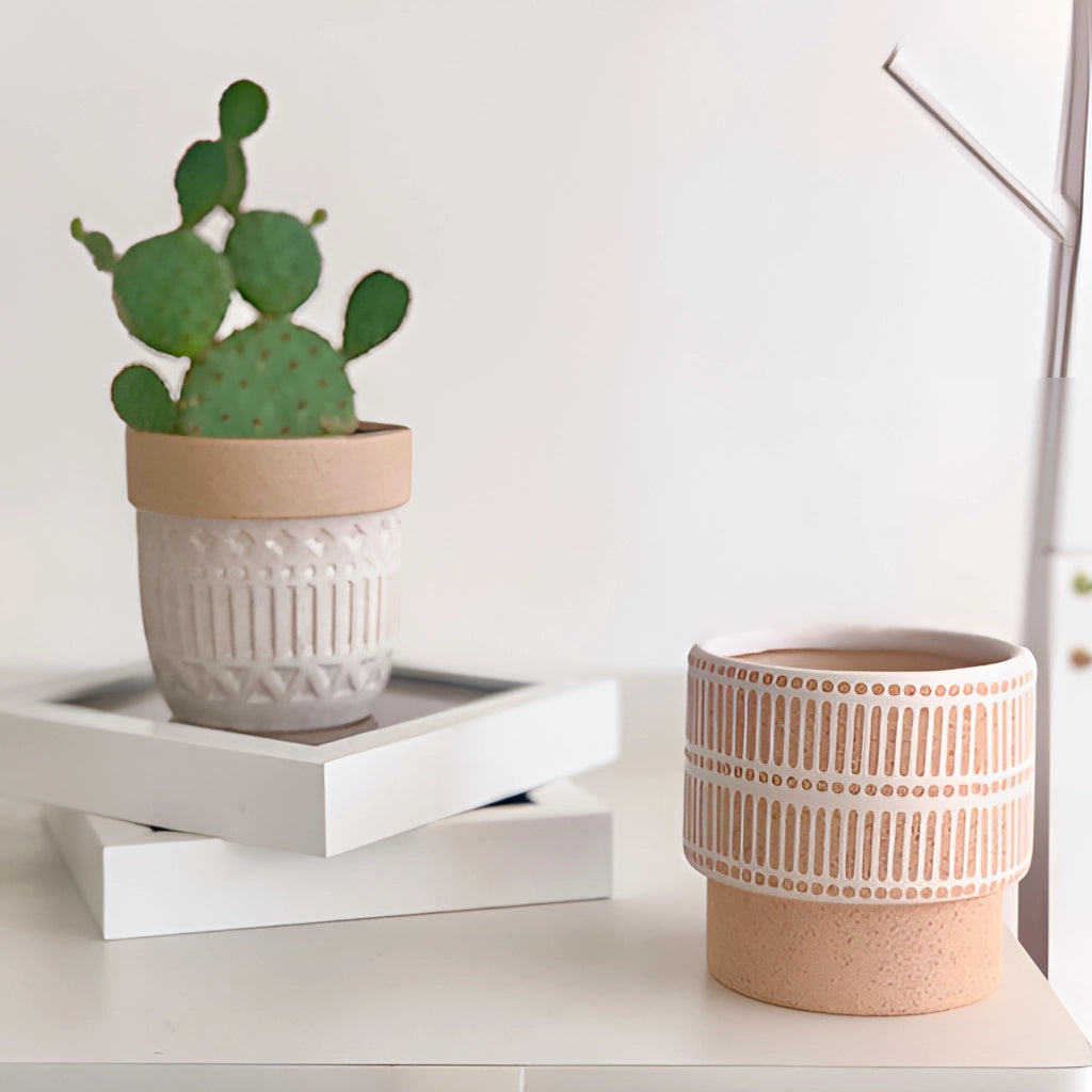 Ceramic Island Holiday Plant Pots with houseplants placed on a wooden table