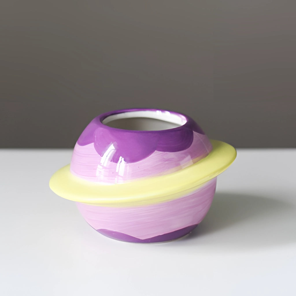 Ceramic Planet Plant Pot in Astral Galaxy Design, featuring a purple and violet color scheme with circular patterns.