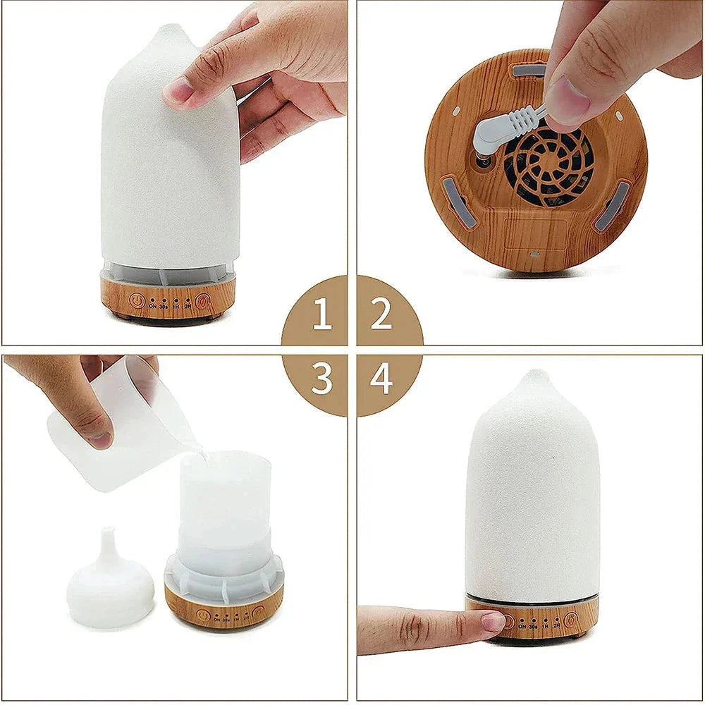 Ceramic wood grain aromatherapy diffuser with 7-color night light, displaying a sleek design with natural wood grain finish.