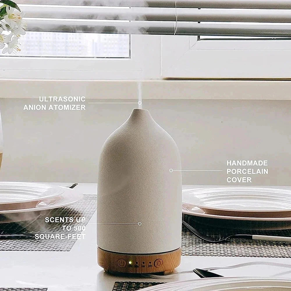 Ceramic wood grain aromatherapy diffuser with 7-color night light, featuring a cone shape and wood texture, placed on a surface.