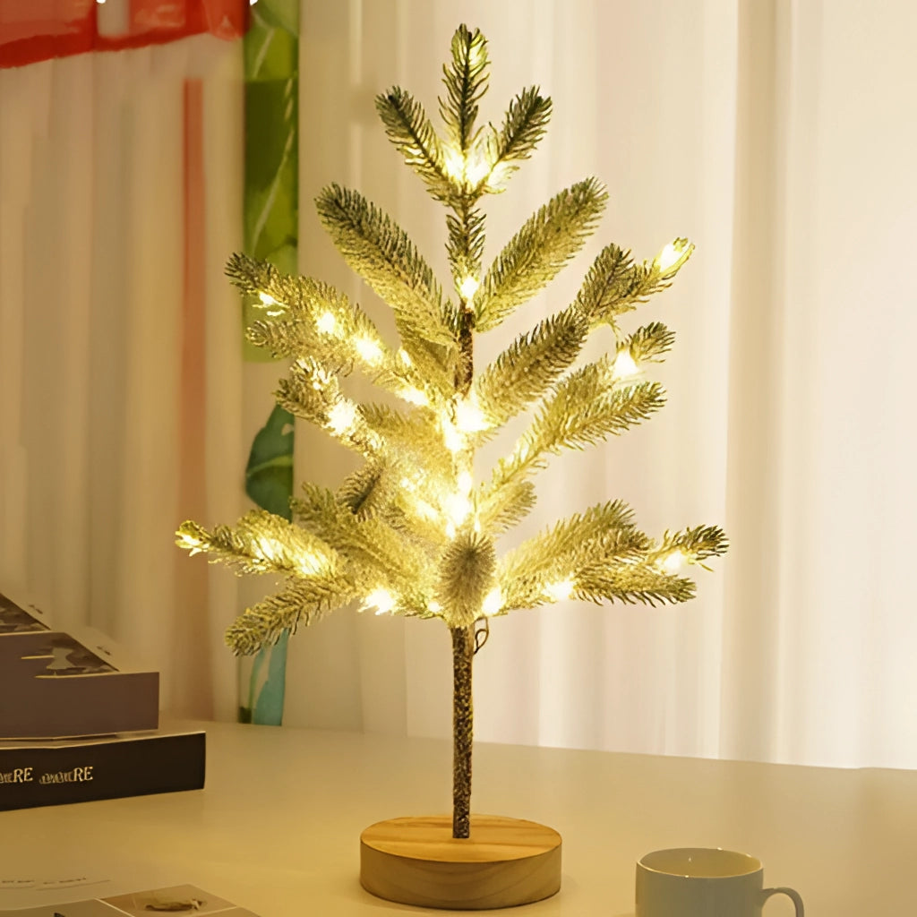 LED Christmas tree night light with holiday decorations, featuring a small, illuminated Christmas tree adorned with festive ornaments, placed near a window.