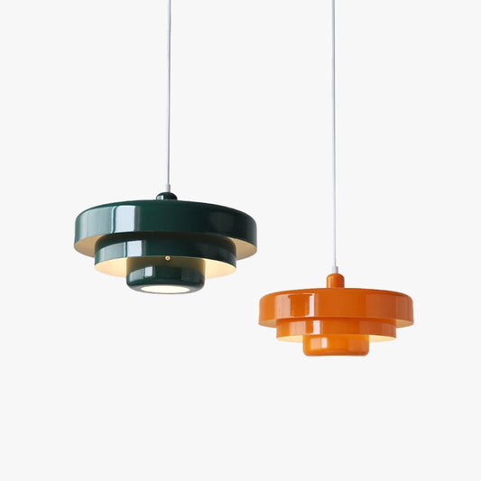 Modern metal pendant lamp with linked circle design, featuring a sleek ceiling fixture and a stylish lampshade.