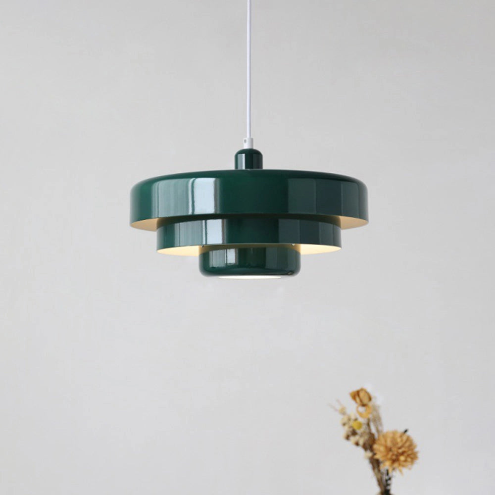 Modern metal pendant lamp with linked circle design in green, features three switchable color temperatures, hanging indoors.
