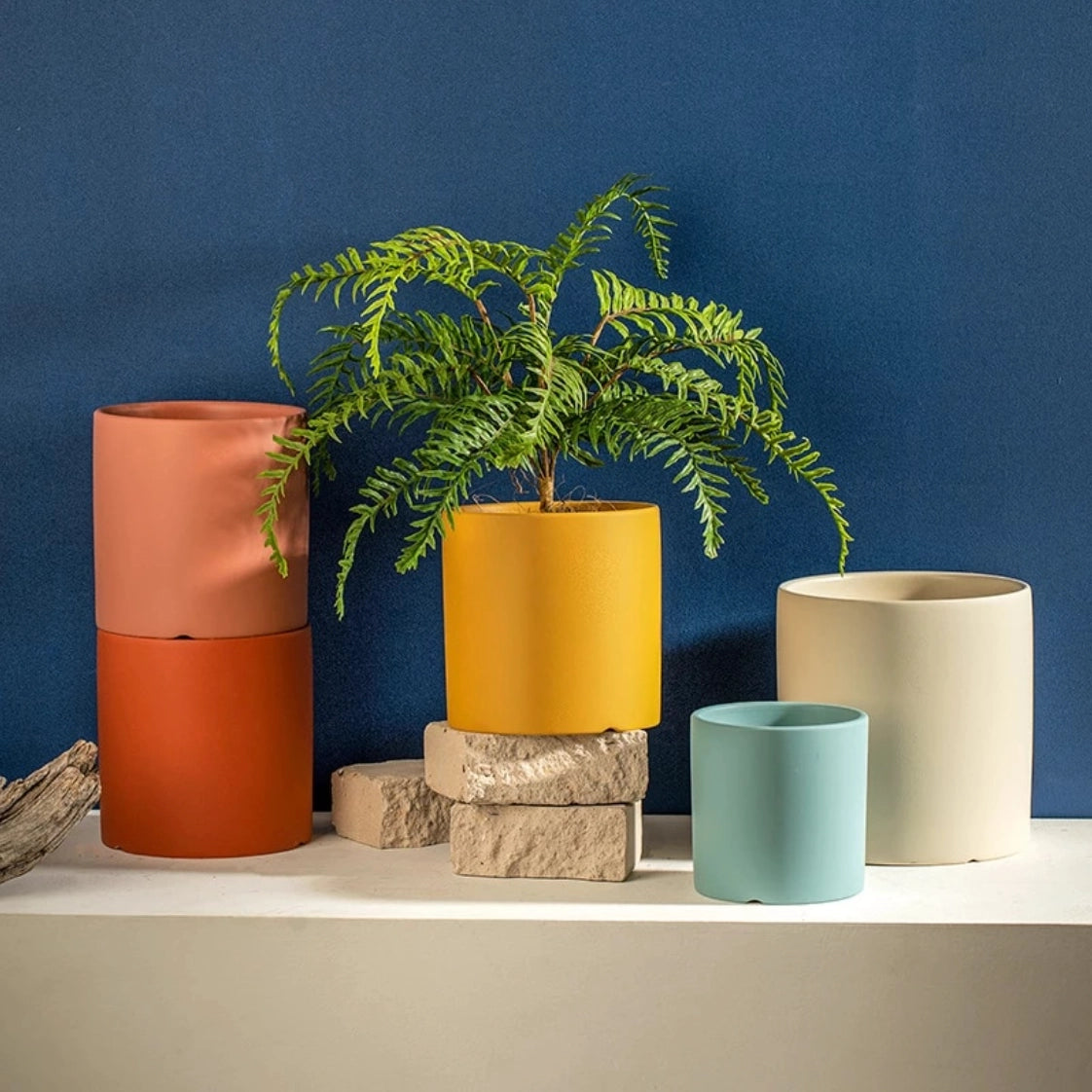 Colorful ceramic planter and saucer set with a green houseplant, placed on a wooden shelf against a white wall.