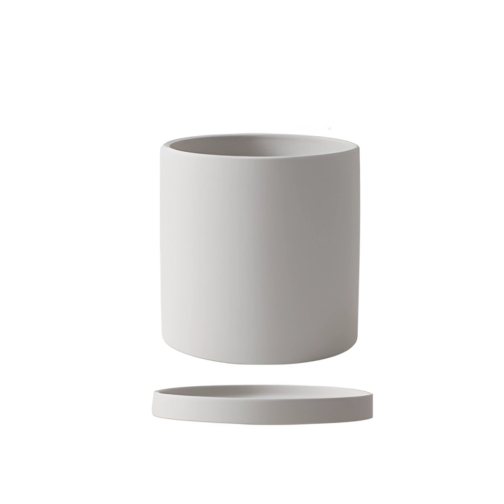 Colorful ceramic planter and saucer set in stone color, large size, placed on a table.