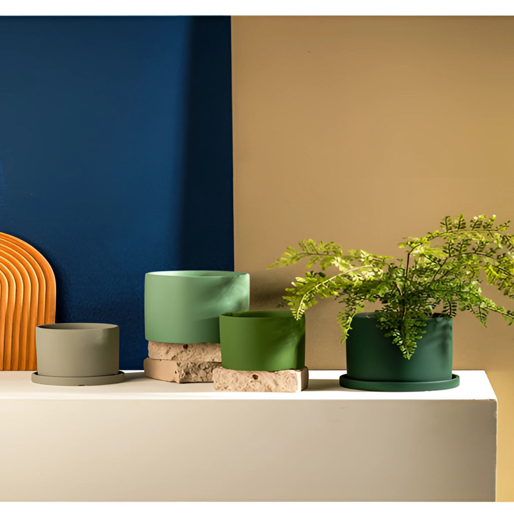 A colorful ceramic planter and saucer set with a rectangular shape, containing a houseplant, placed on a wooden shelf in a living room interior.