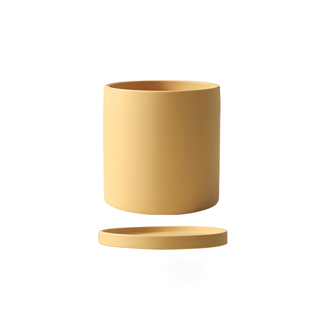 Colorful Ceramic Planter and Saucer Set in Ochre Yellow, large size, displayed on a wooden surface.