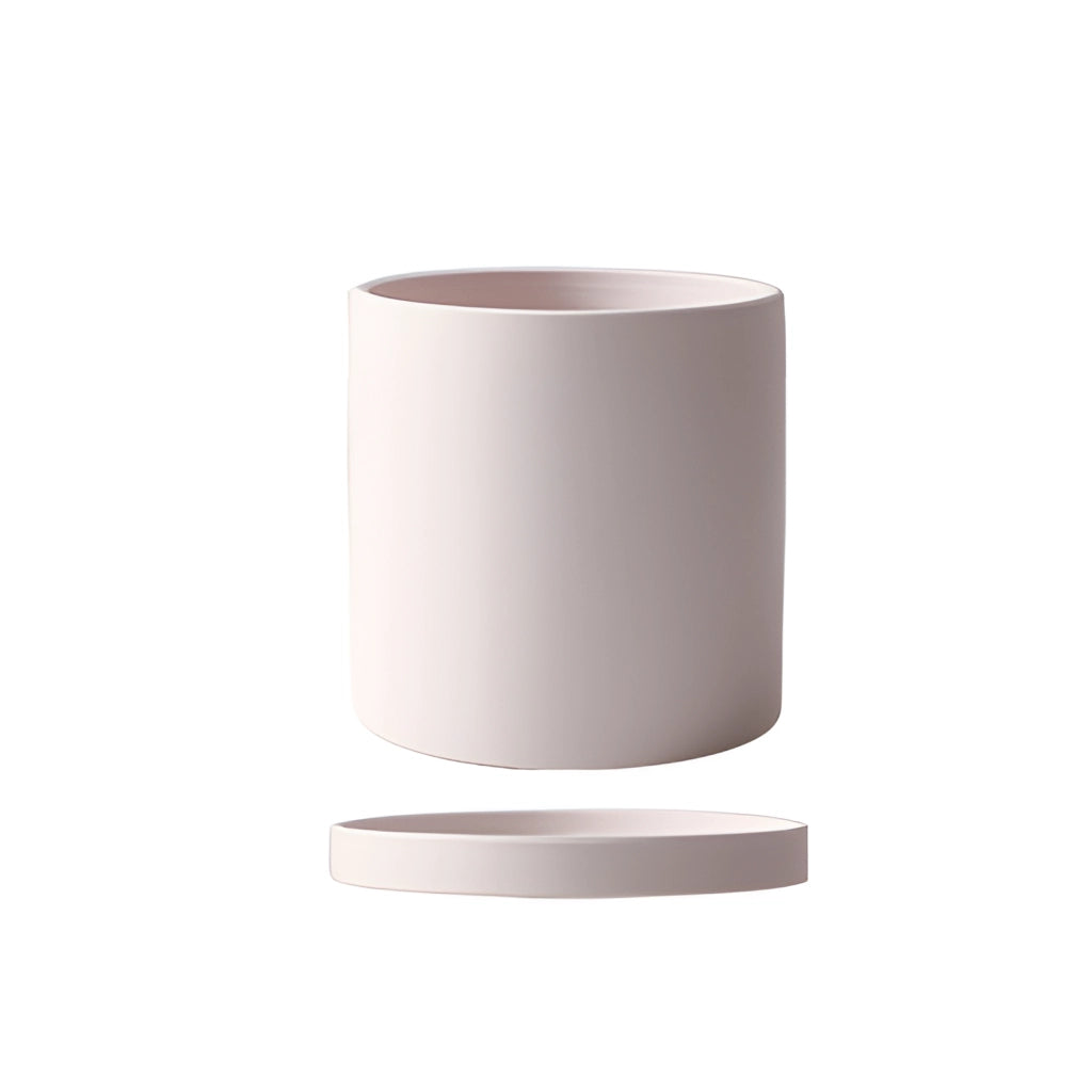 Colorful Ceramic Planter and Saucer Set in Beige, Large size, featuring a cylindrical design with a matching saucer placed on a table.