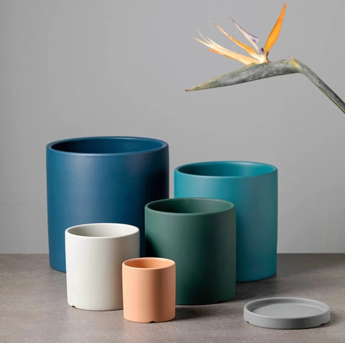 Colorful ceramic planter and saucer set placed on a wooden table, featuring a cylindrical shape and vibrant electric blue color.