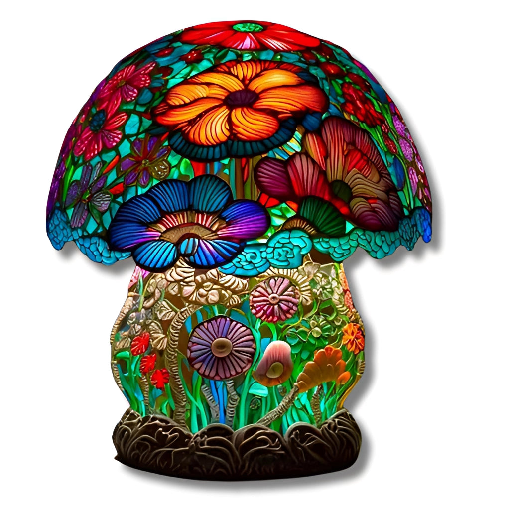 Colorful stained glass mushroom desk light on a table with a USB plug, featuring a giant 12-inch umbrella-shaped design in vibrant colors.