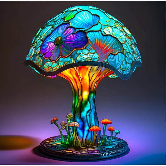 Colorful Mushroom Desk Light - Decorative Stained Glass Table Lamp featuring vibrant green and blue stained glass with a nature-inspired design.